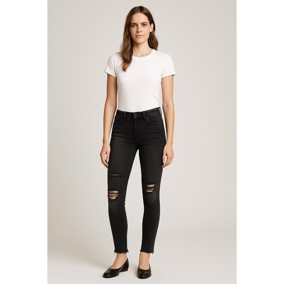 The Kooples Skinny Black Distressed Jeans Raw Hem Size 26 Mid Rise Stretch Denim - Picture 1 of 4